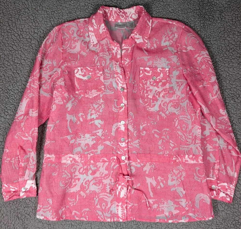 Chicos Top Pink Floral Button Drawstring Collared Long Sleeve Linen Blend Sz 2 L